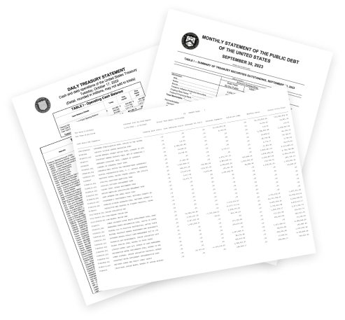 A spread of Fiscal Data reports laid upon the first article of the U.S. Constitution as the background.  Next to the spread is a quote from Article 1, Section 9, which reads  “A regular Statement and Account of the Receipts and Expenditures of all public Money shall be published from time to time.”
