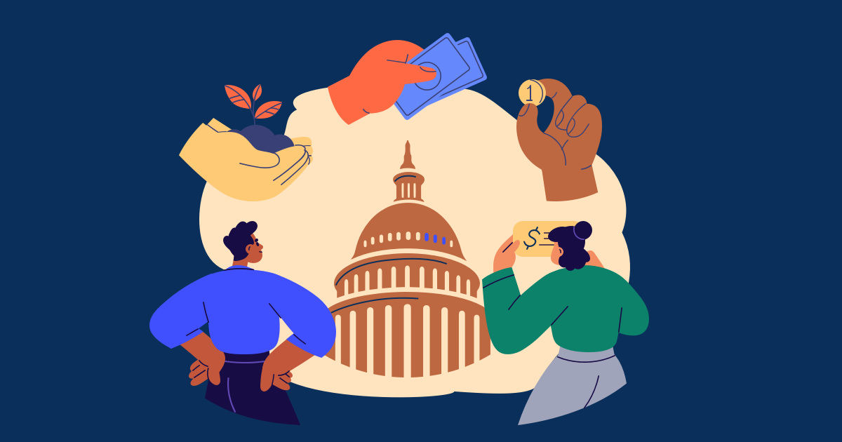 U.S. Capitol dome surrounded in circle by hand holding plant, hand holding money, hand holding gold coin, woman looking at check, and man looking at building.